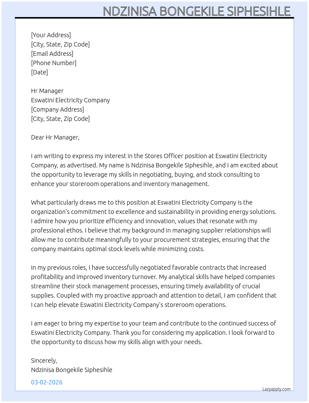 Stores officer  At Eswatini Electricity Company  Cover Letter