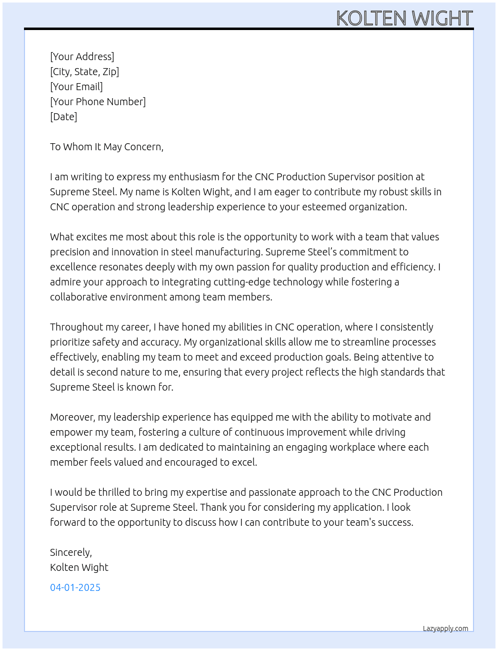 Cover letter for cnc production supervisor - LazyApply