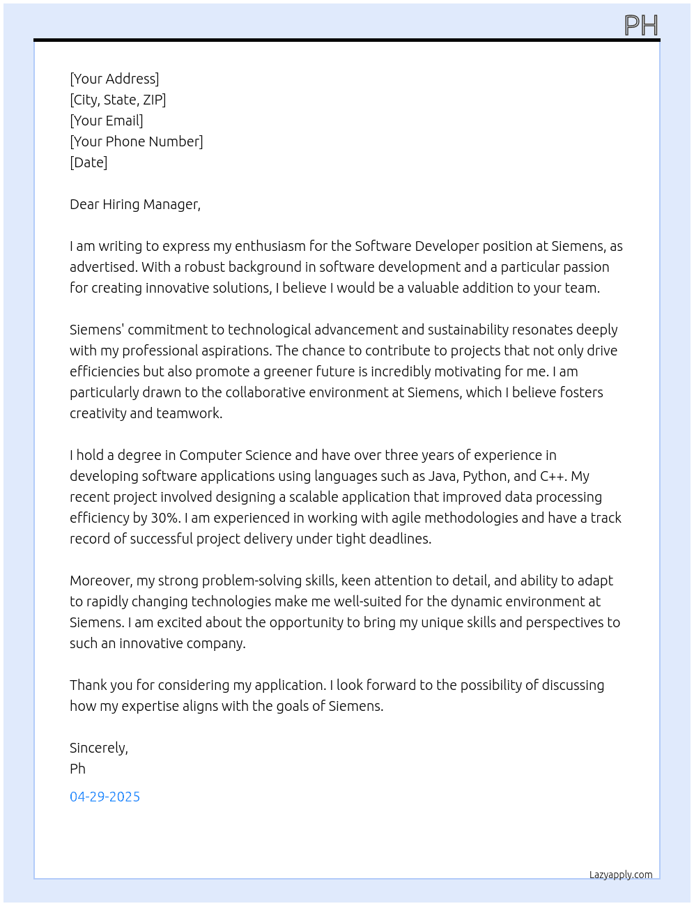 Cover letter for software develpor - LazyApply