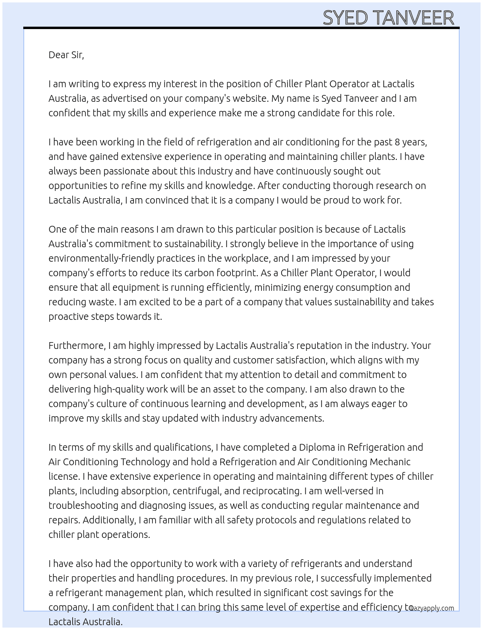 Chiller Plant Operator  At Lactalis Australia  Cover Letter