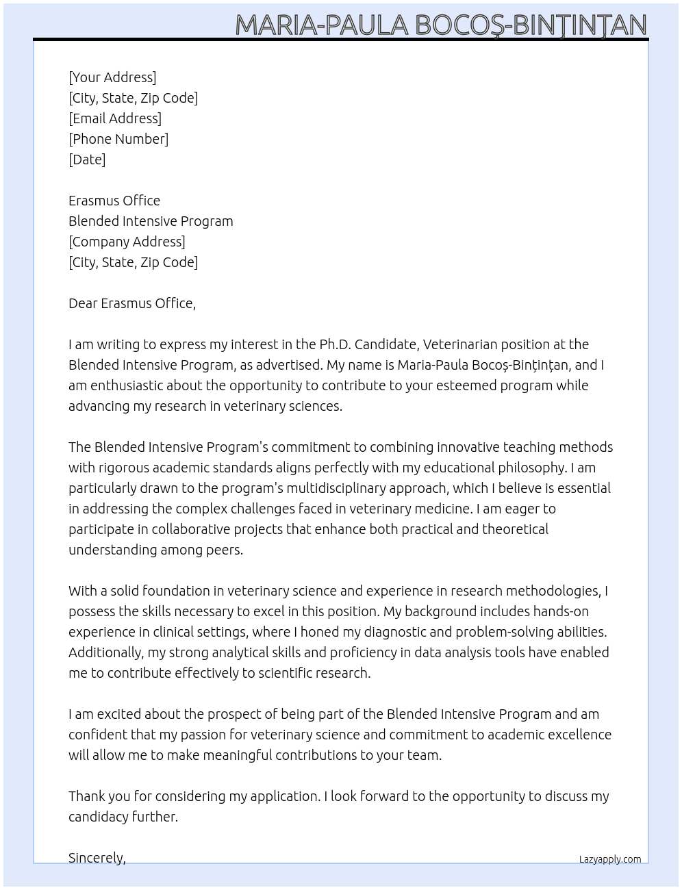 Cover letter for ph.d candidate, veterinarian - LazyApply