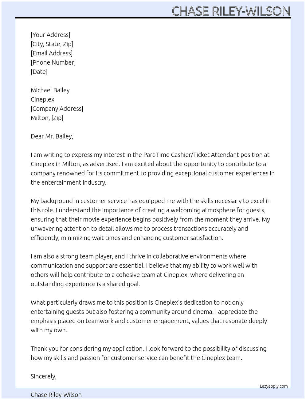 Cashier/Ticket Attendant At Cineplex Cover Letter