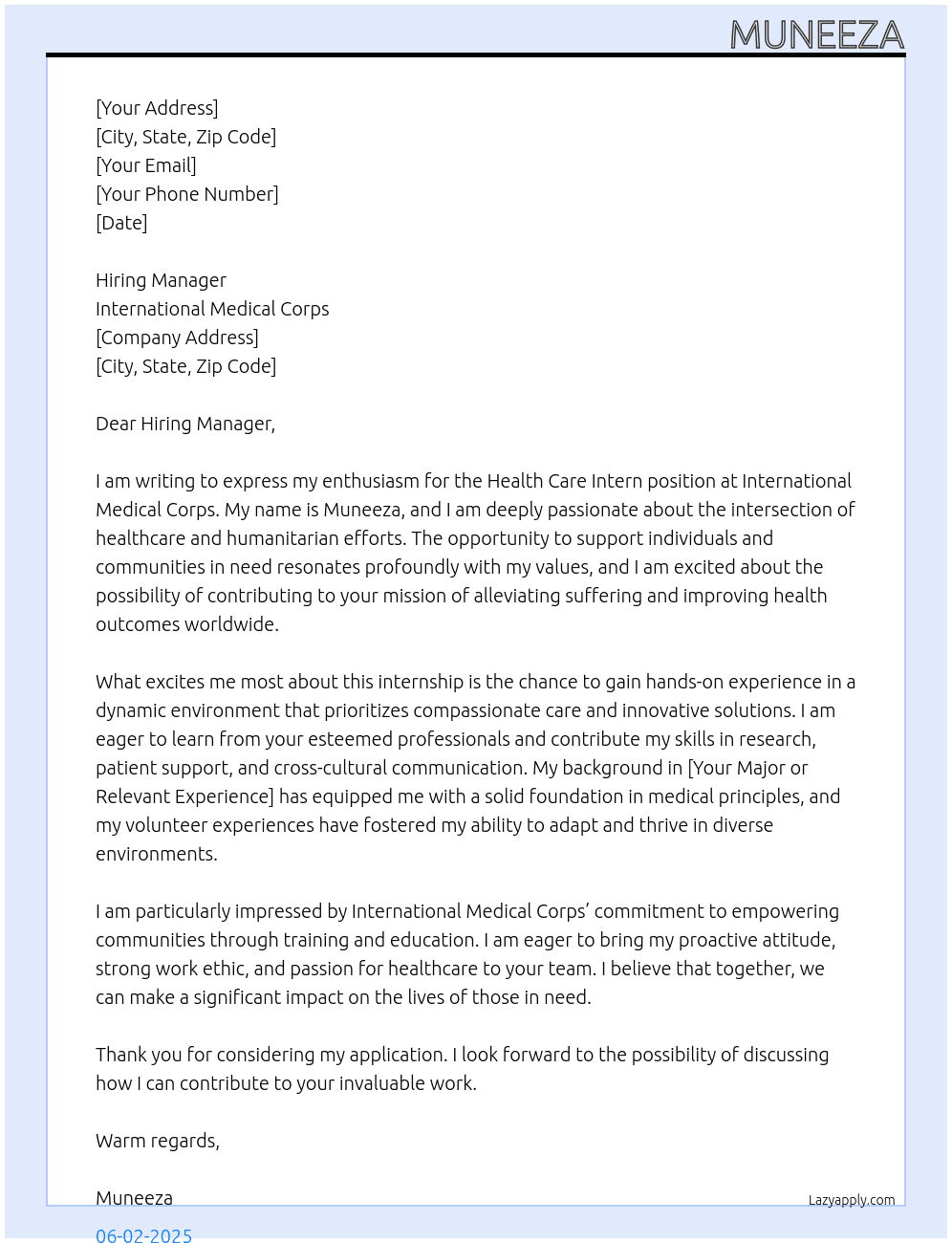Health care intern At International medical corps Cover Letter