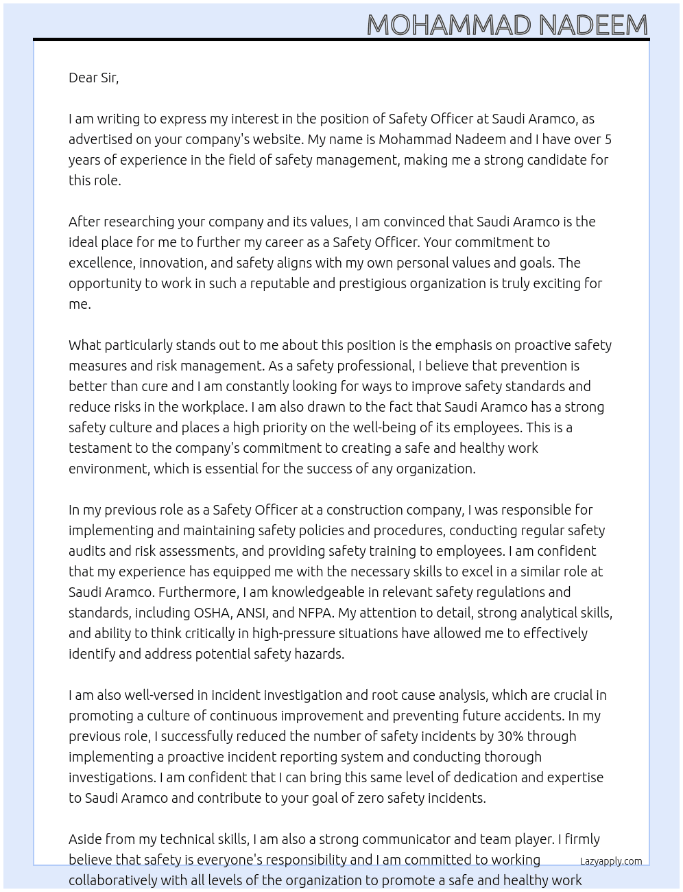Safety officer  At Saudi aromco Cover Letter