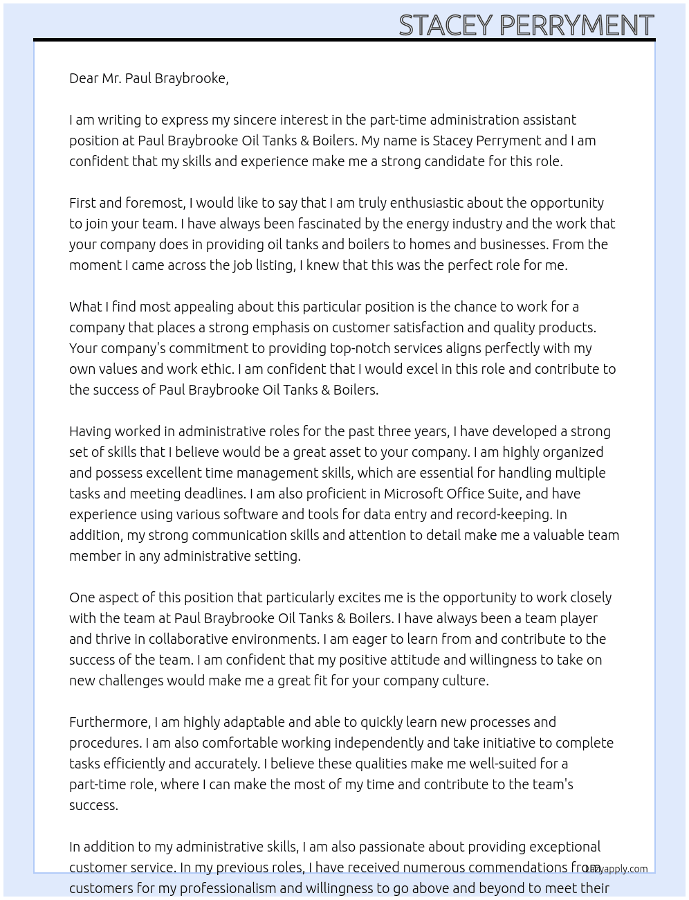 Cover letter for part time administration assistant - LazyApply