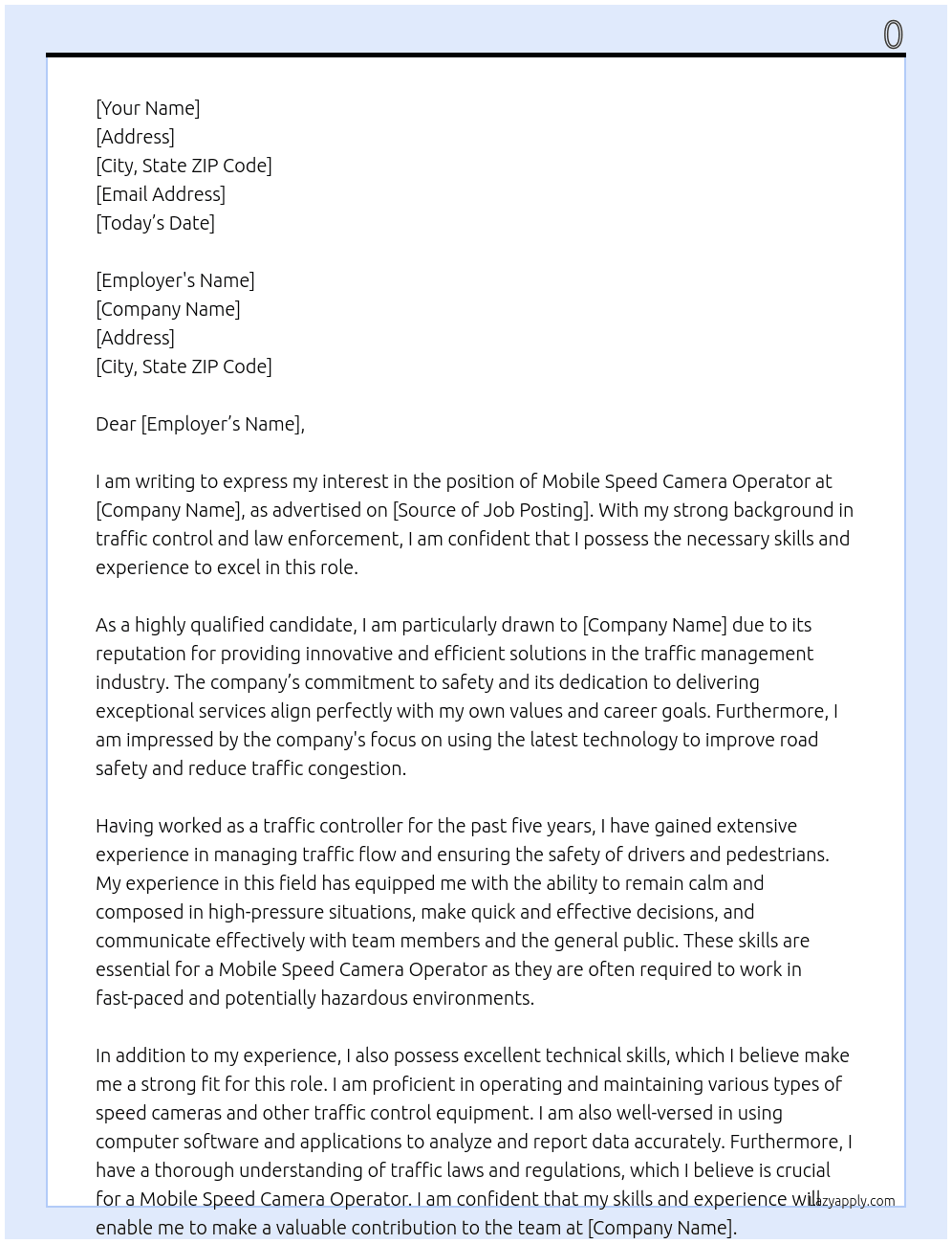 Cover letter for mobile speed camera operator - LazyApply