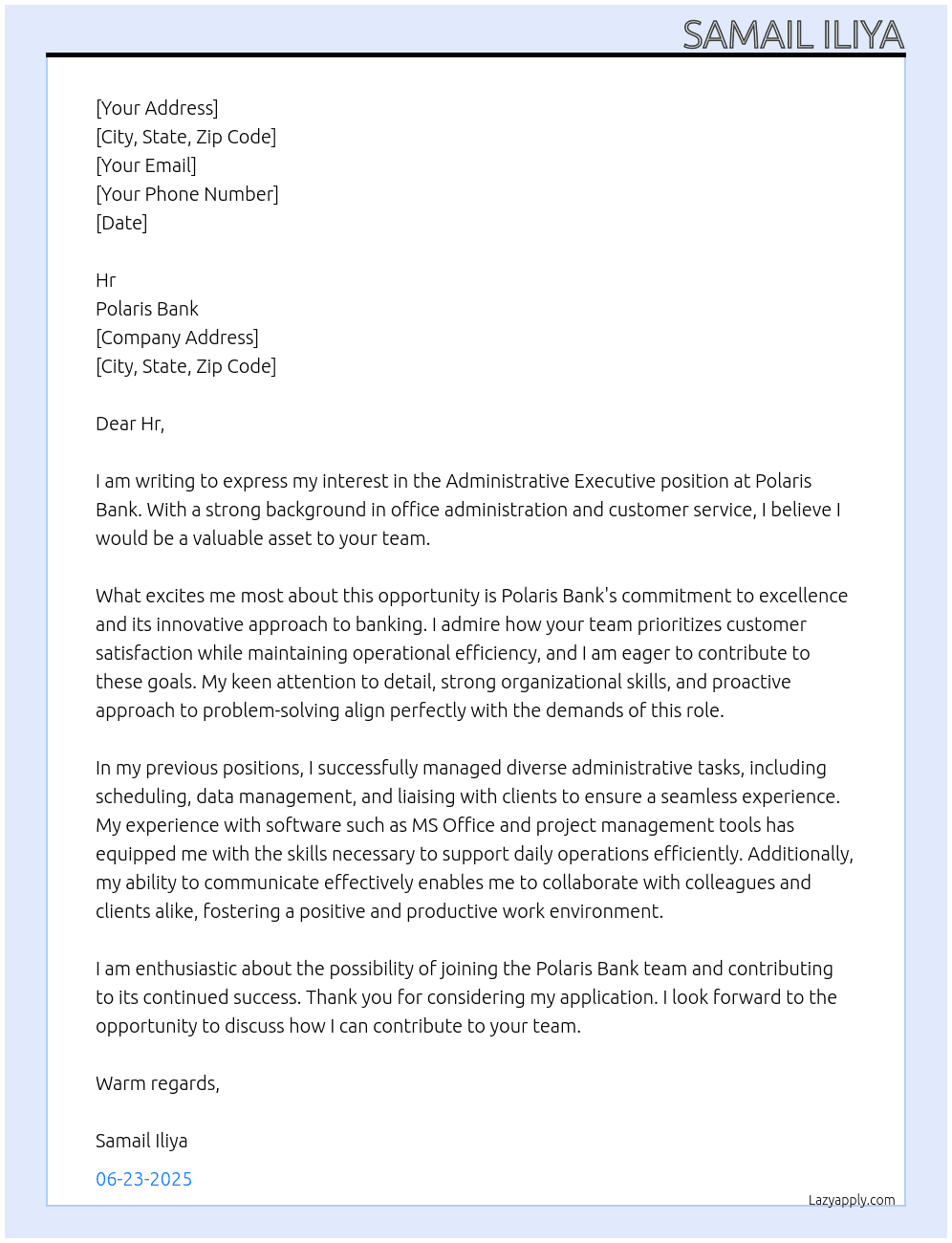 Administrative Executive At Polaris Bank Cover Letter