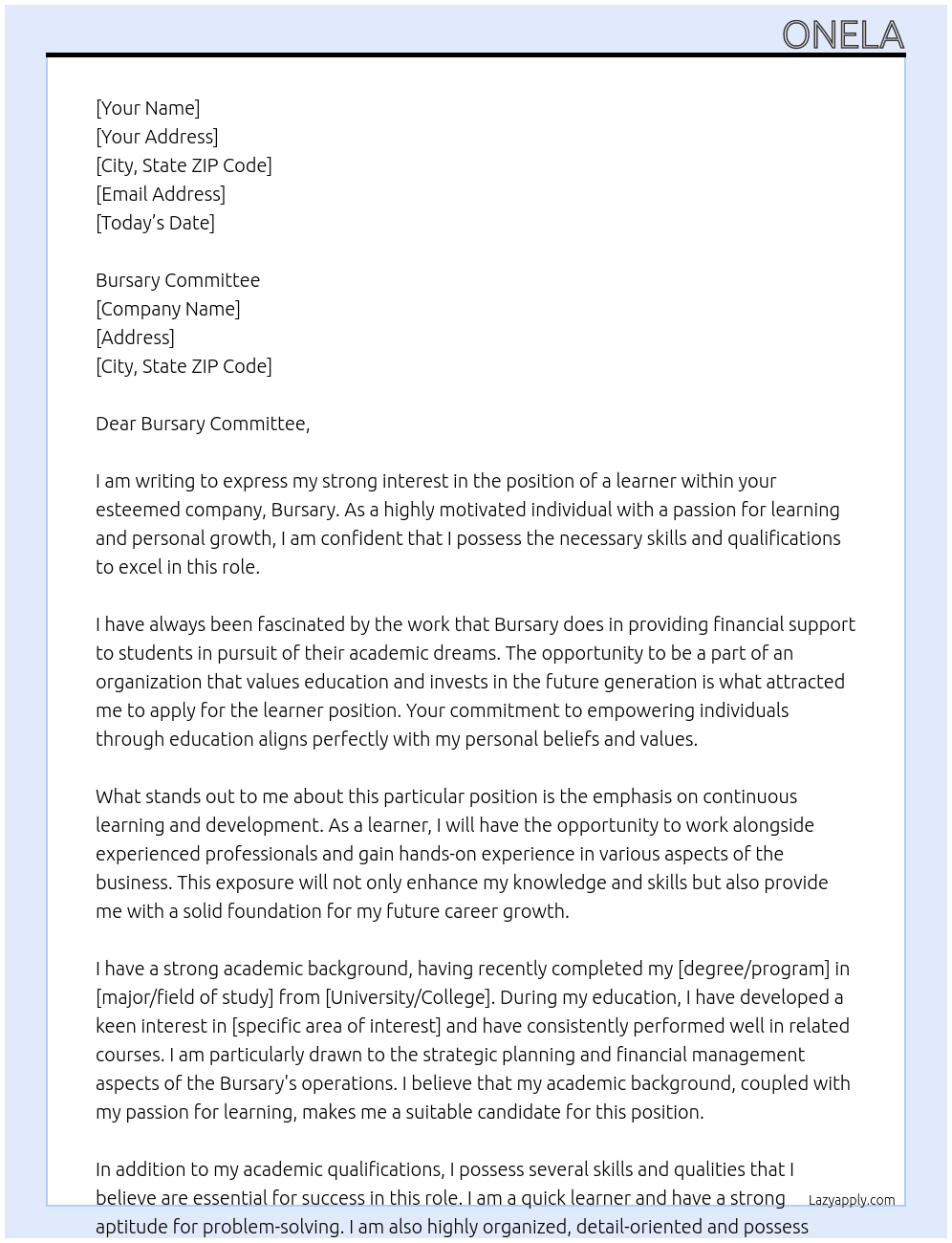 learner  At Bursary  Cover Letter
