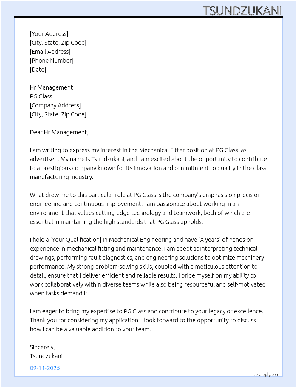 Mechanical fitter  At PG Glass Cover Letter