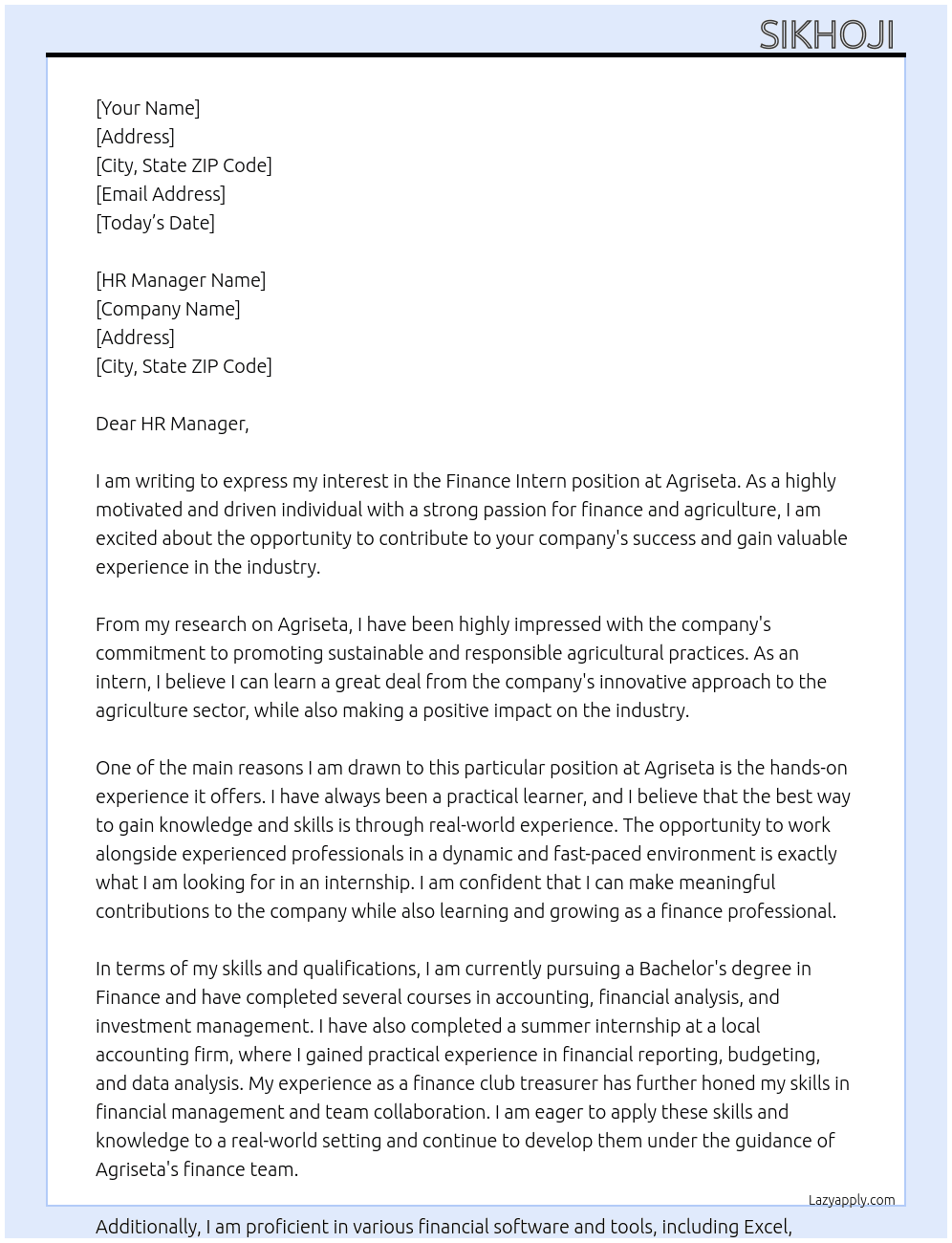 Finance intern At Agriseta Cover Letter