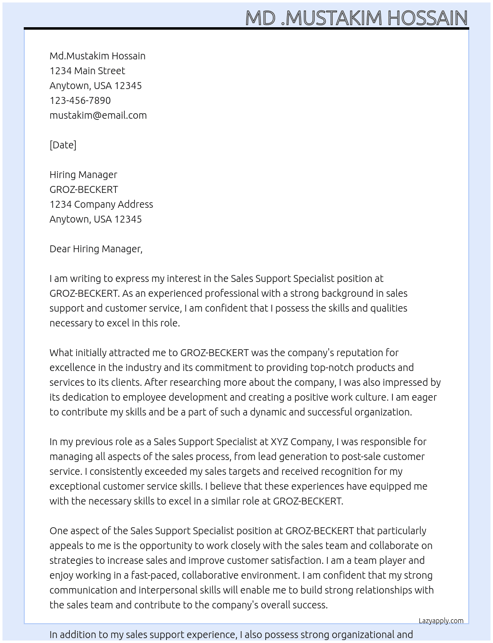 Sales Support Specialist  At GROZ-BECKERT Cover Letter
