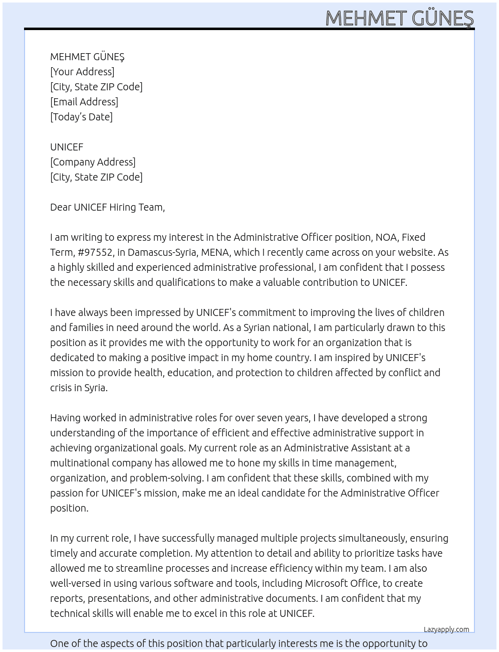 Cover letter for administrative officer, noa, fixed term, #97552, damascus-syria, mena - open only to syrian nationals - LazyApply