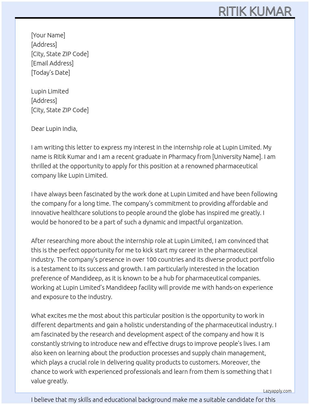 Internship At Lupin Limited Cover Letter