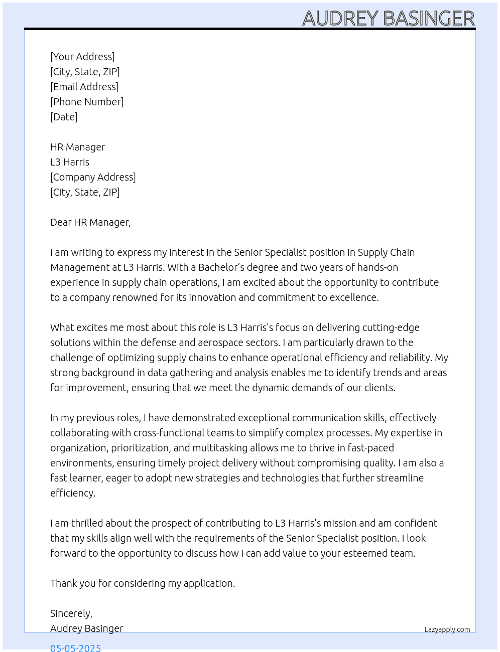 Senior Specialist in Supply Chain Management At L3 Harris Cover Letter