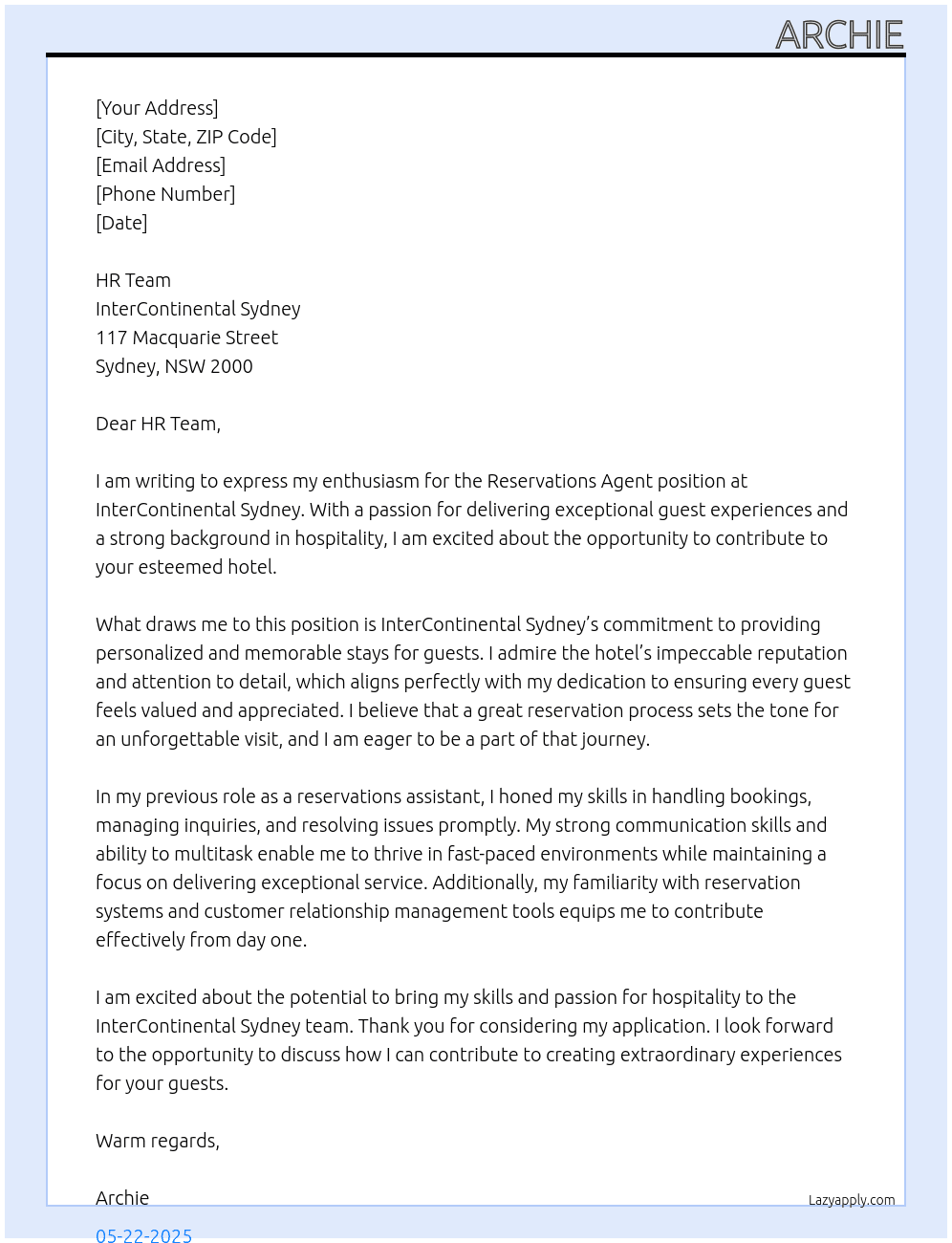 Reservations Agent At InterContinental Sydney Cover Letter