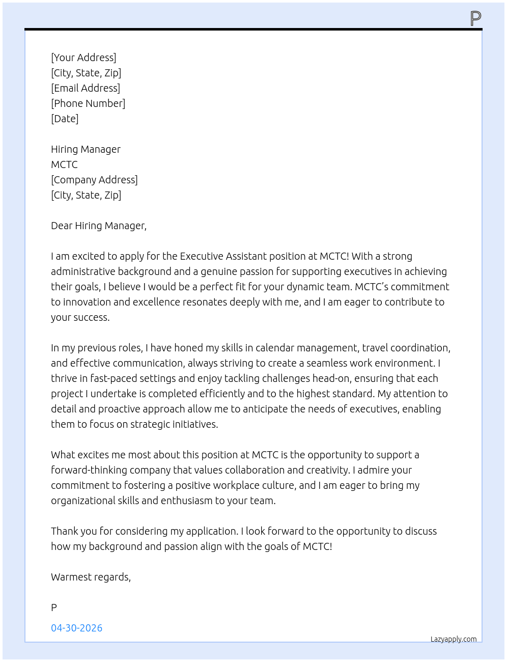 Executive Assistant At MCTC Cover Letter