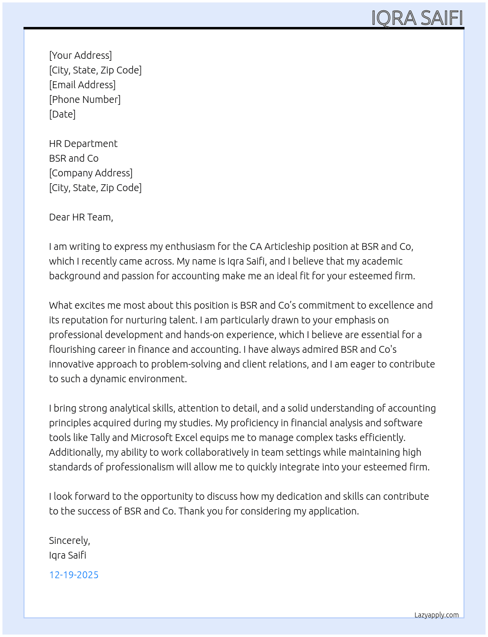 Ca Articleship  At BSR and Co  Cover Letter