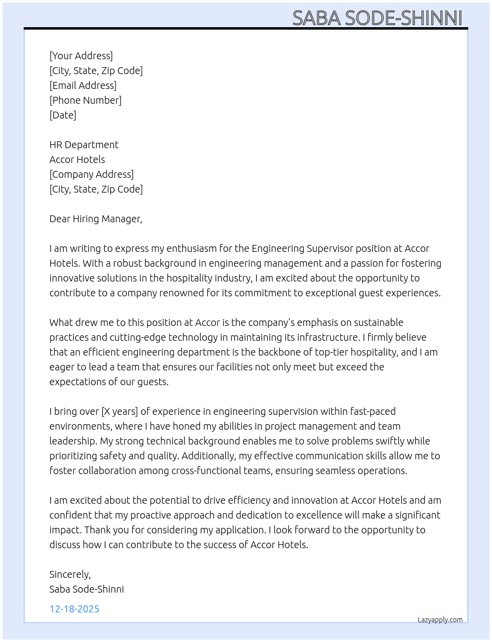 Engineering Supervisor  At Accor Hotels  Cover Letter