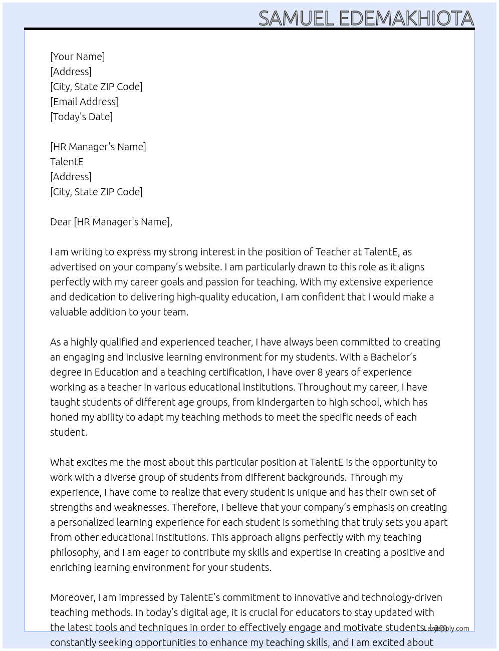 teacher At TalentE Cover Letter