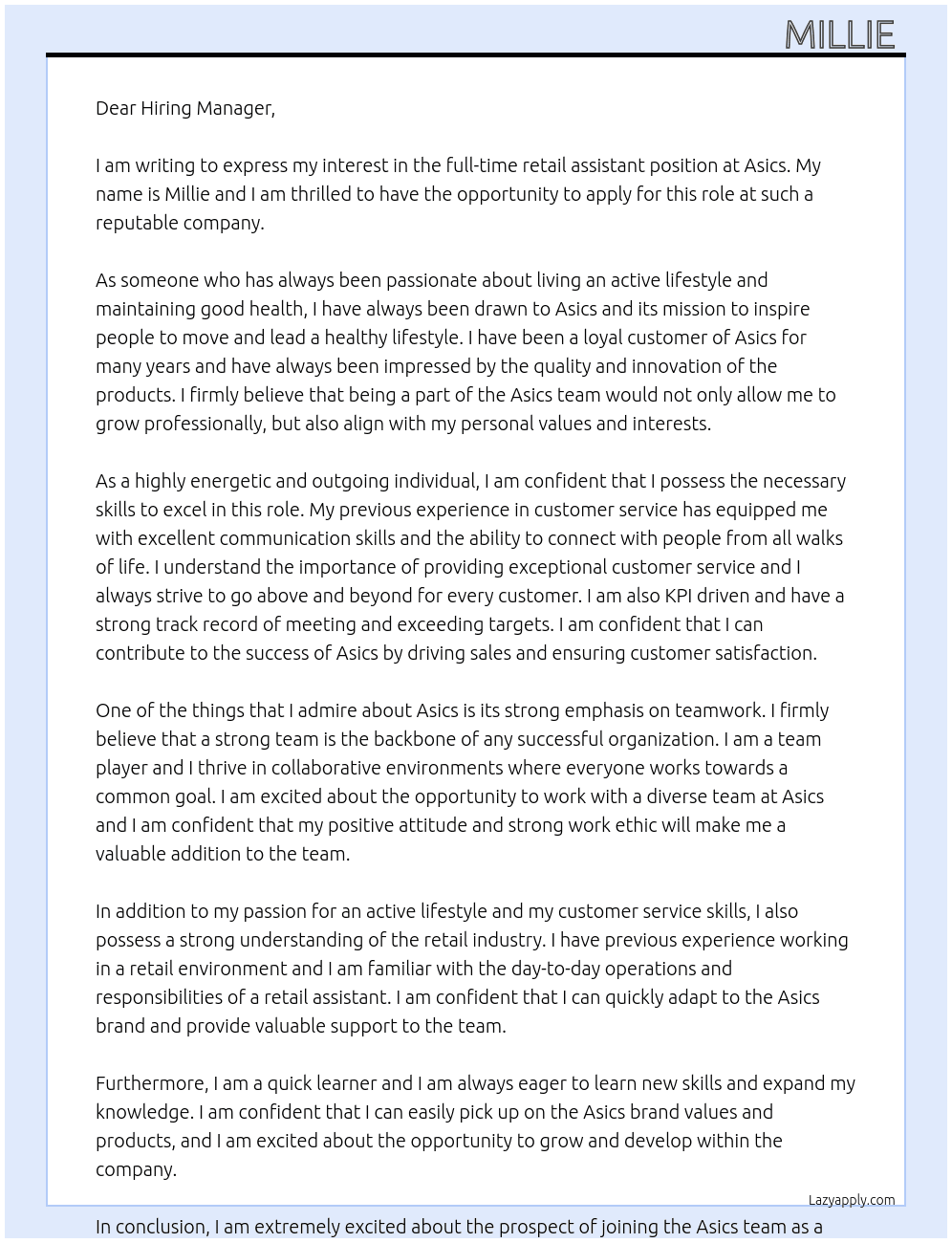 full time retail assistant At Asics Cover Letter