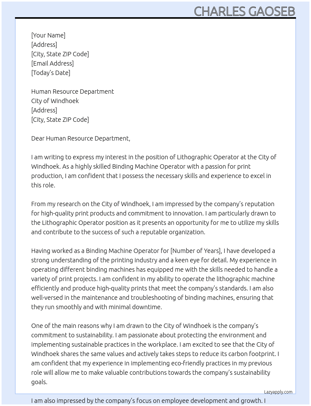 LITHOGRAHIC OPERATOR At CITY OF WINDHOEK Cover Letter