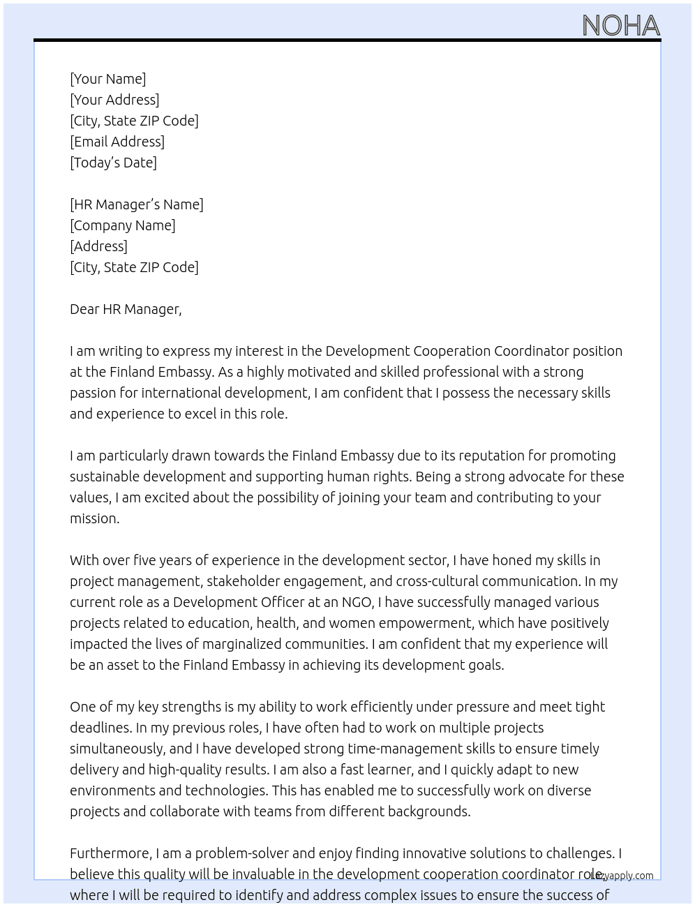 Development cooperation coordinator  At Finland embassy  Cover Letter