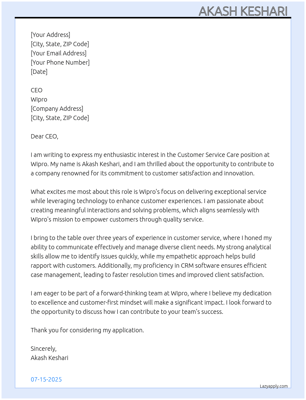 Cover letter for customer sarvice care - LazyApply