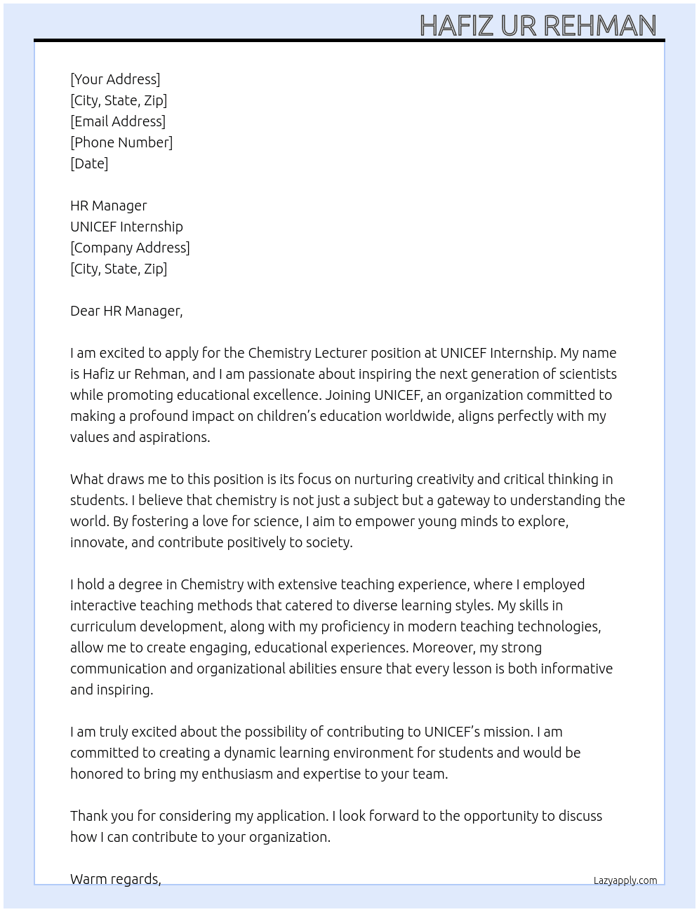 Chemistry Lecturer  At UNICEF internship  Cover Letter