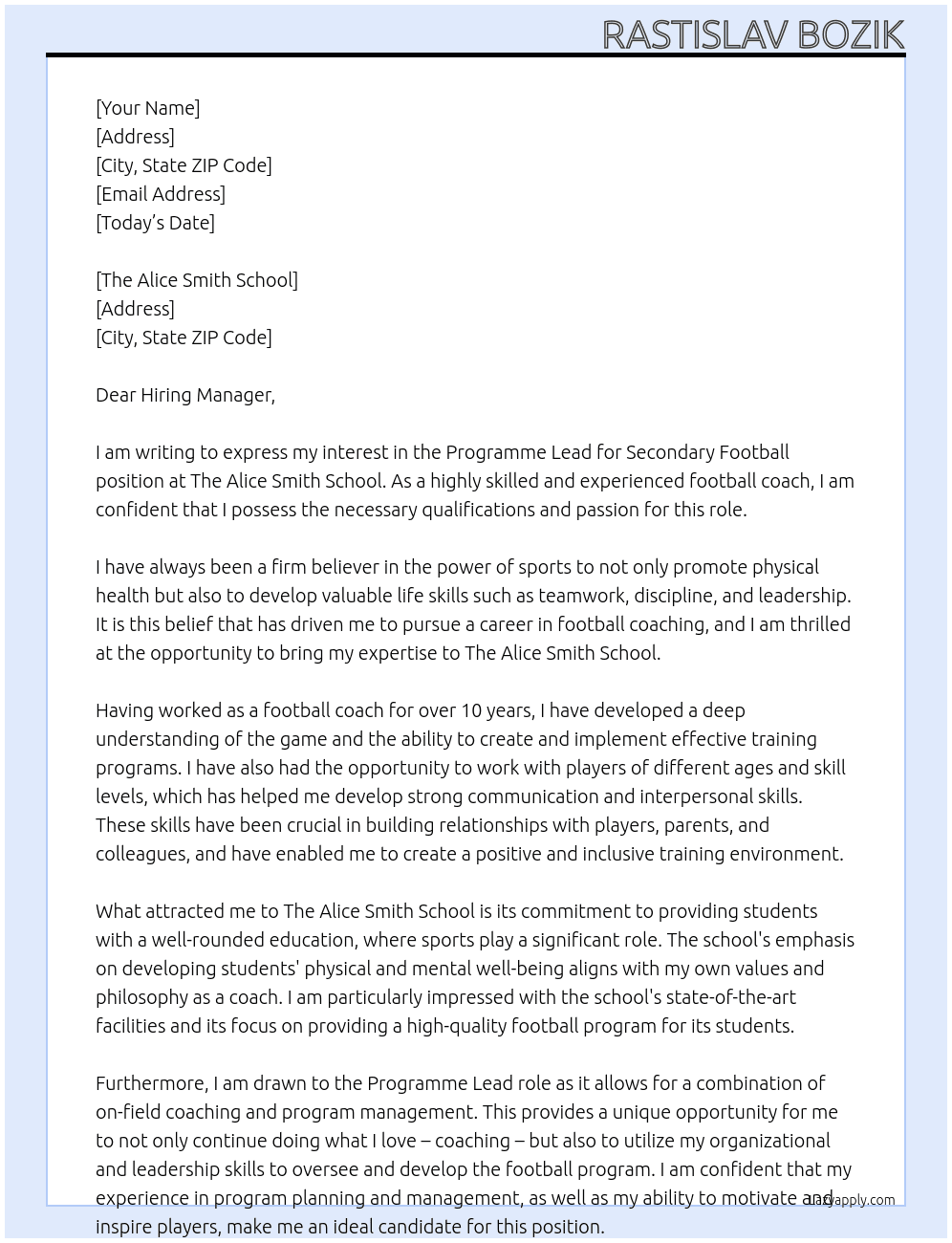 Programme Lead for Secondary Football At The Alice Smith School Cover Letter