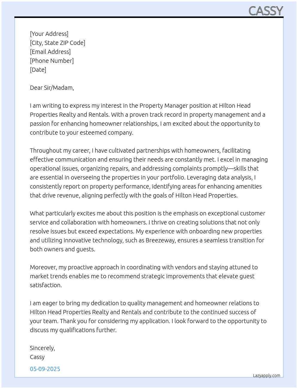 Property Manager At Hilton Head Properties Realty and Rentals Cover Letter