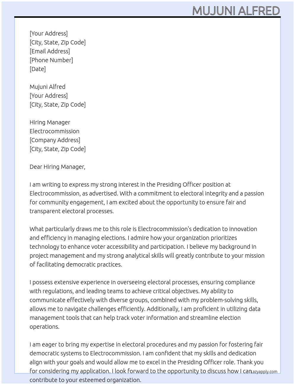 PRESIDING OFFICER At ELECTROCOMISSION Cover Letter