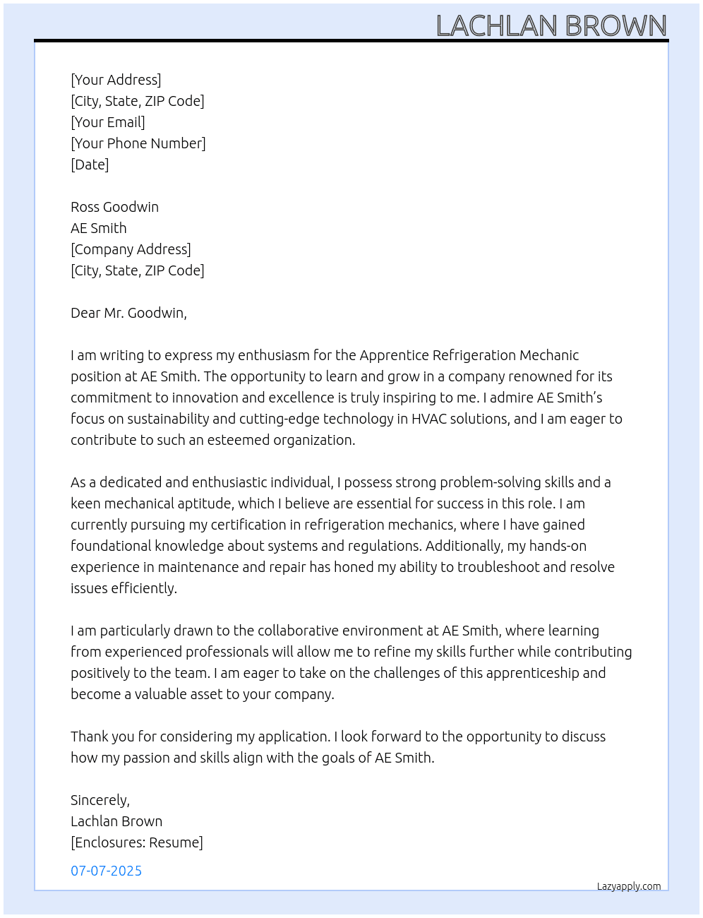 Apprentice Refridgeration Mechanic  At AE Smith Cover Letter