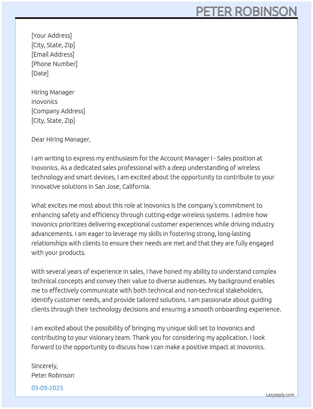 Account Mgr I - SALES-California At Inovonics Cover Letter