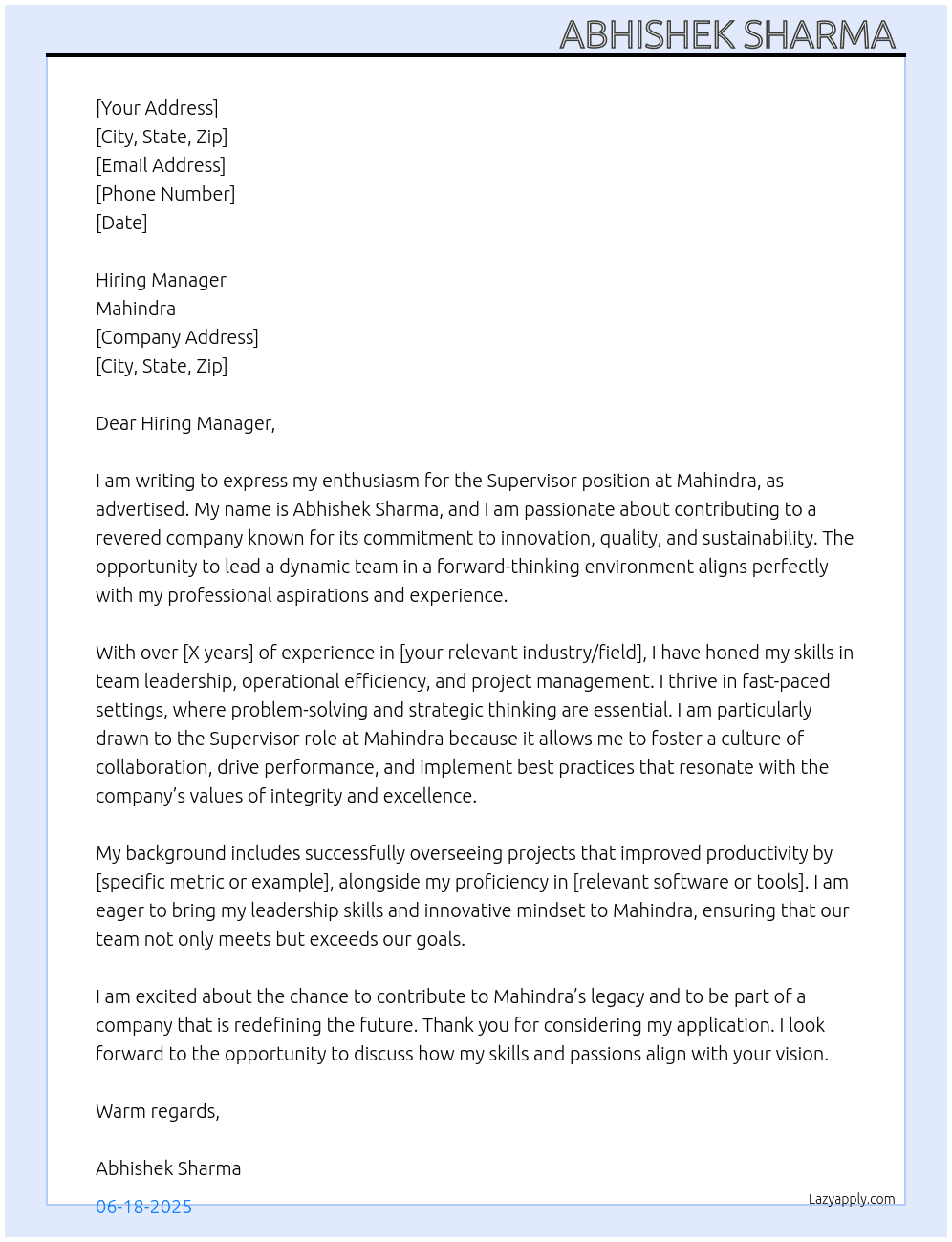 Supervisor  At Mahendra Cover Letter