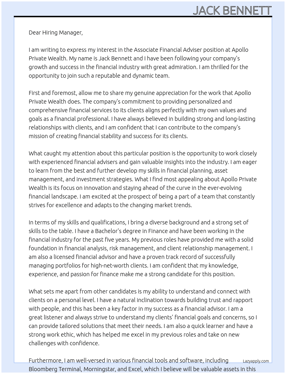 Associate Financial Adviser At Apollo Private Wealth Cover Letter