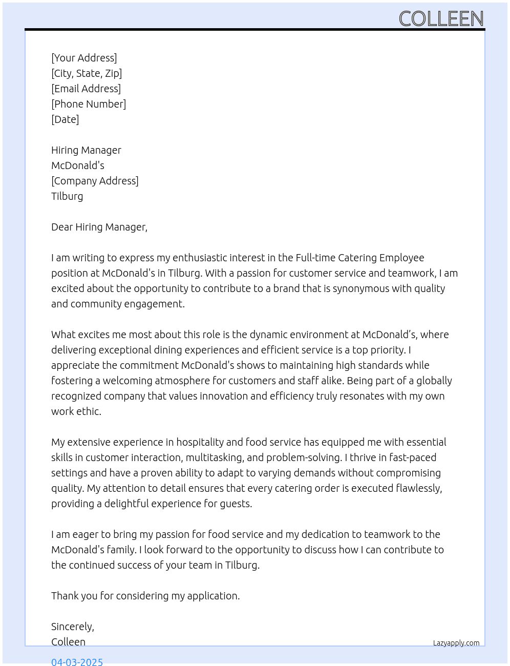 Catering employee At McDonald's  Cover Letter