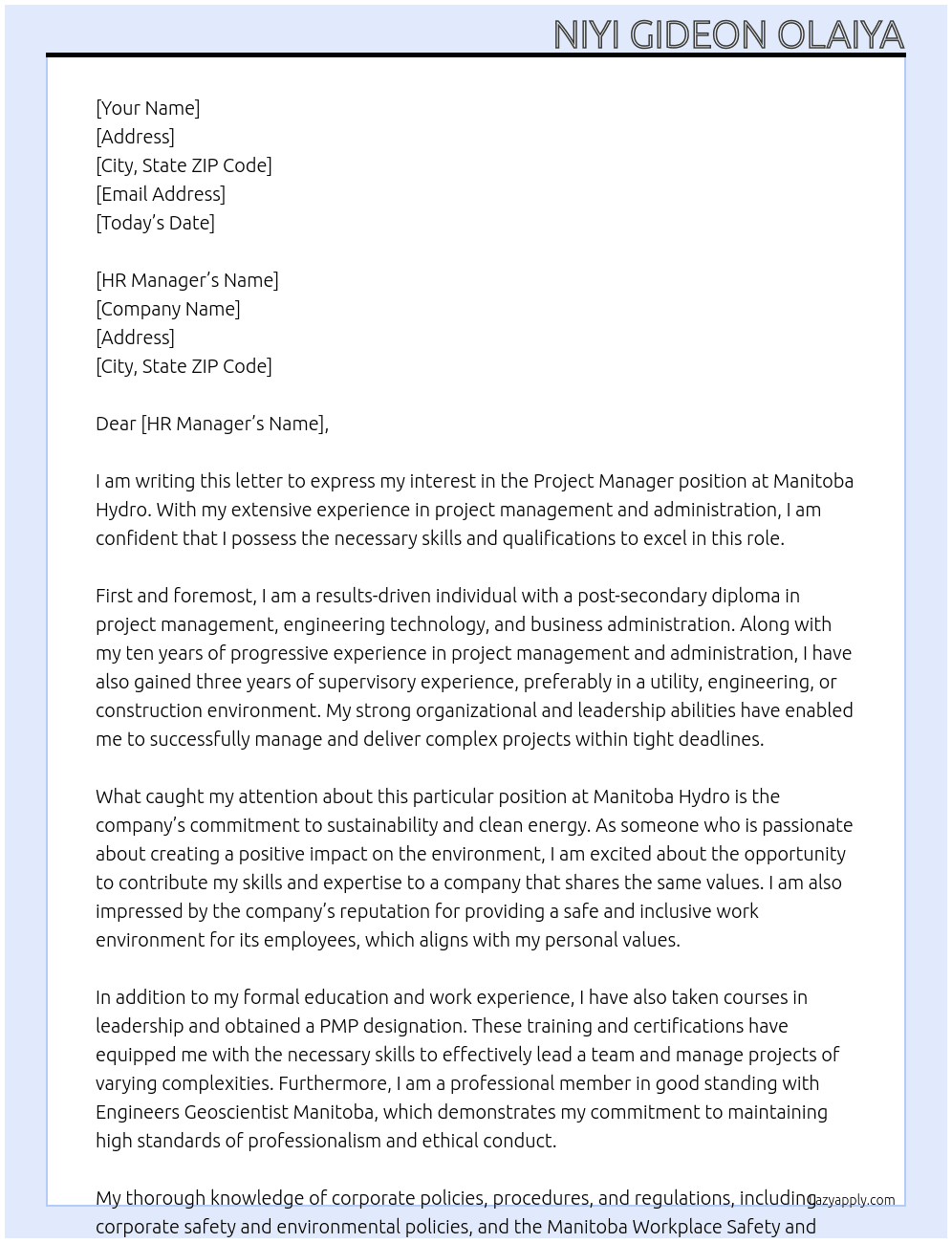 Project Manager At Manitoba Hydro Cover Letter
