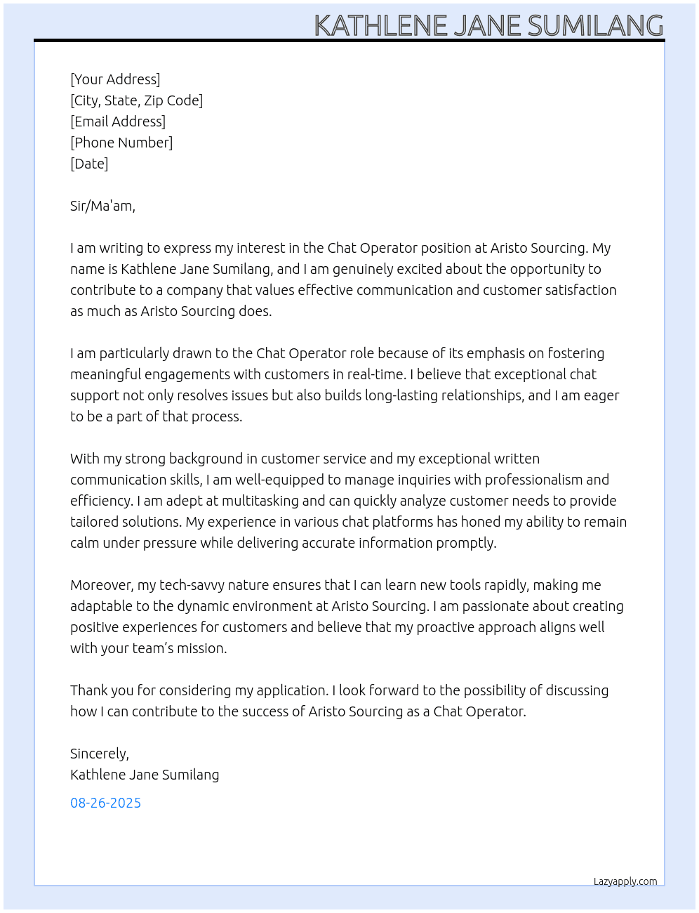 Chat operator At Aristo Sourcing Cover Letter