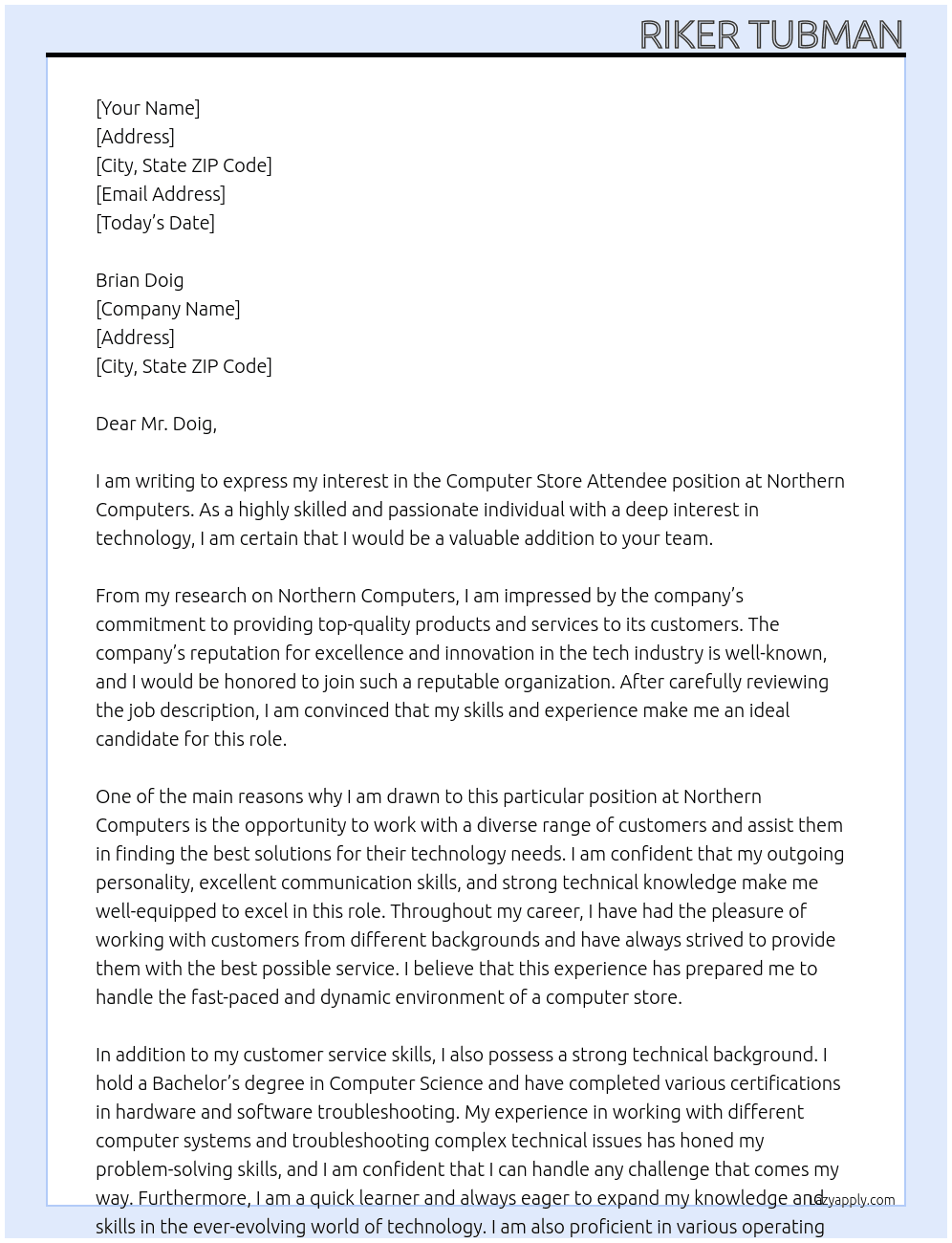 computer store attendee   At northern computers  Cover Letter