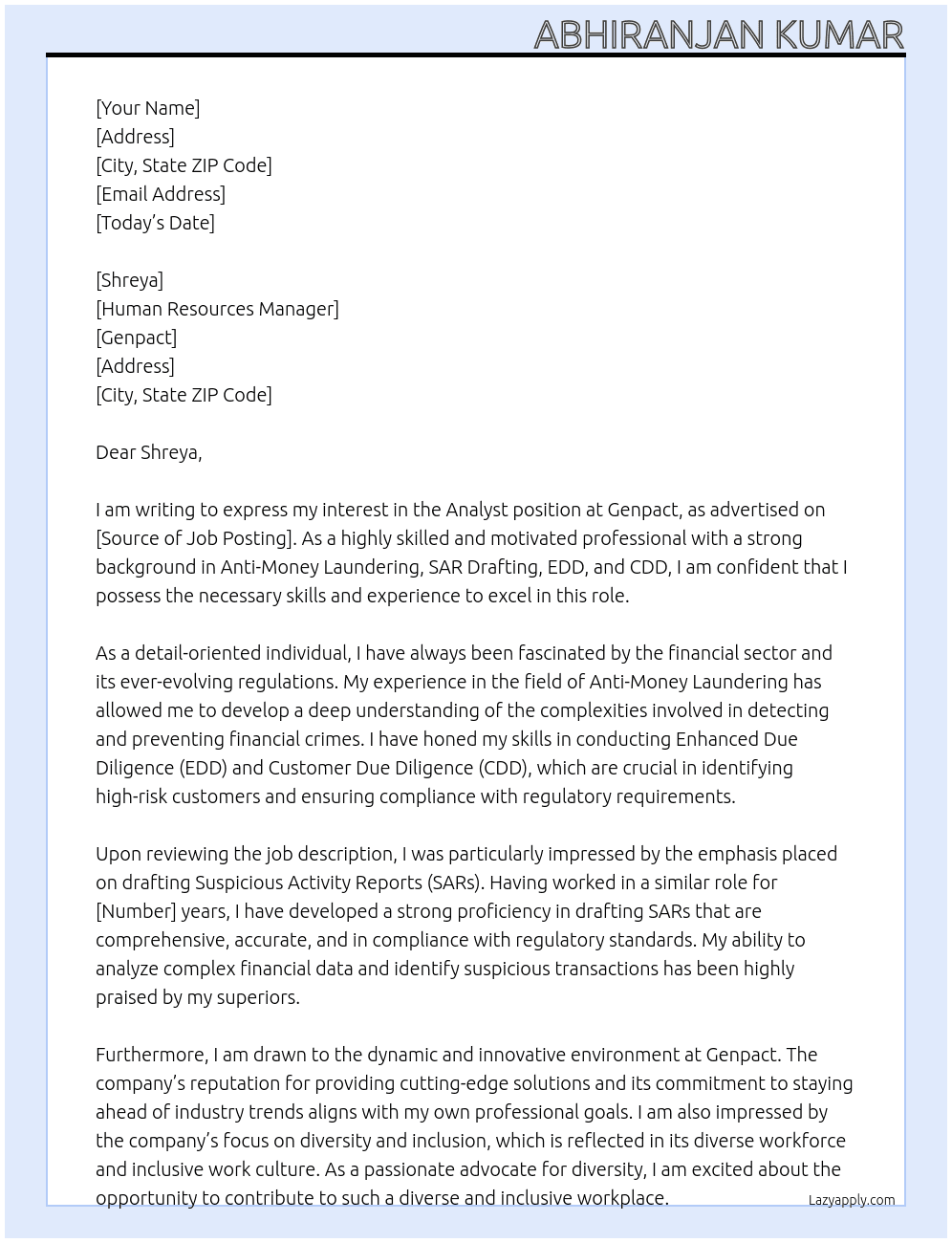 Analyst At Genpact Cover Letter