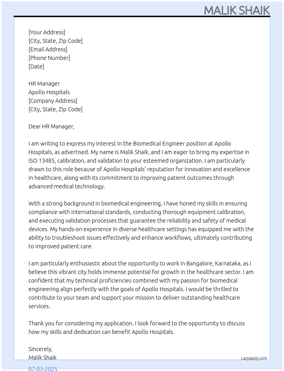 Biomedical engineer  At Apollo hospitals Cover Letter