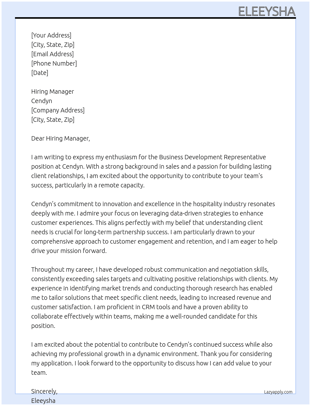 Business Development Representative At Cendyn Cover Letter