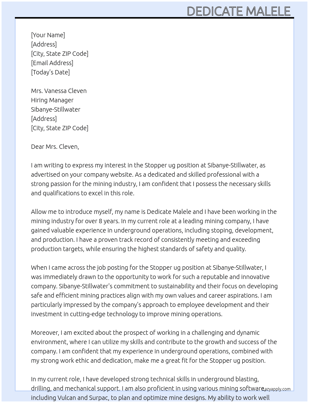 Cover letter for stopper ug - LazyApply