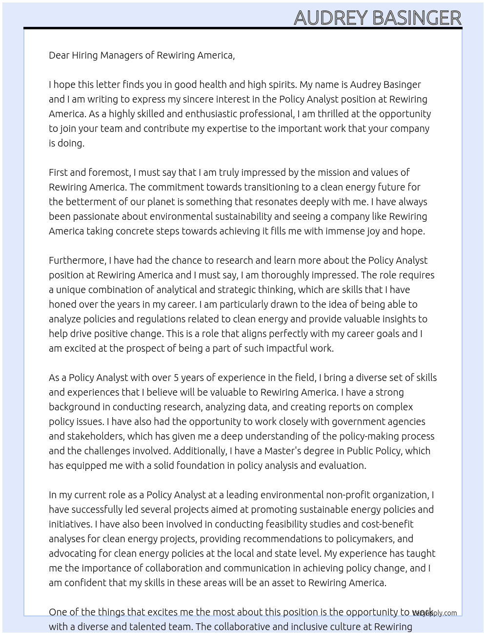 Policy Analyst At Rewiring America Cover Letter