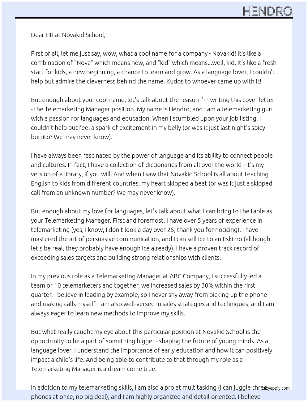 Telemarketing Manager  At Novakid School - Warsaw, 14, PL Cover Letter
