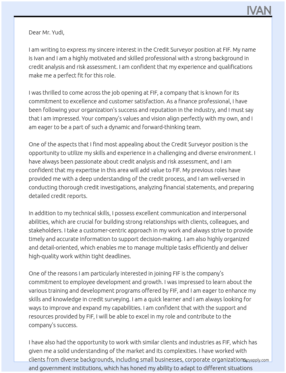 Credit Surveyor At FIF Cover Letter