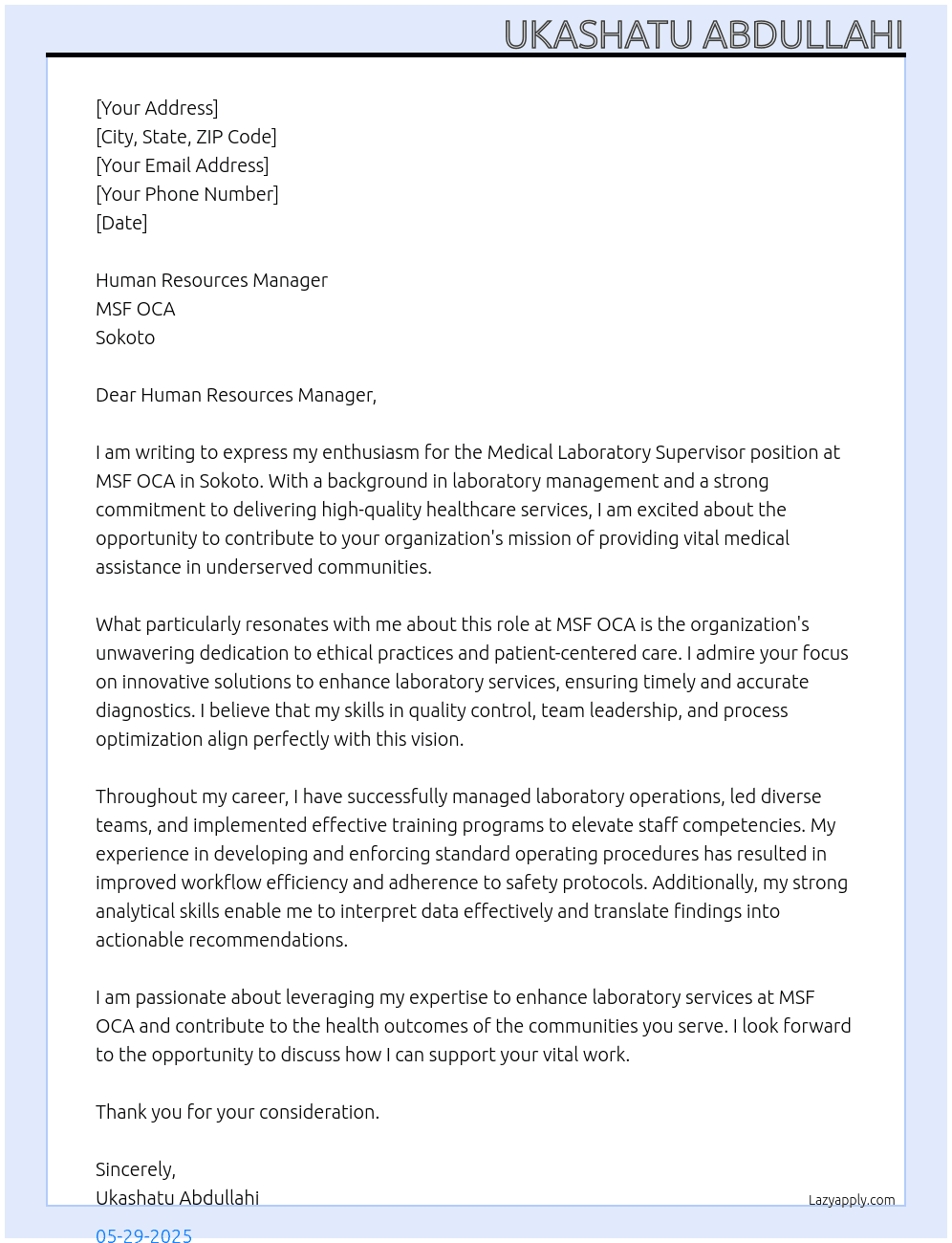 Medical Laboratory Supervisor At MSF OCA, Sokoto Cover Letter