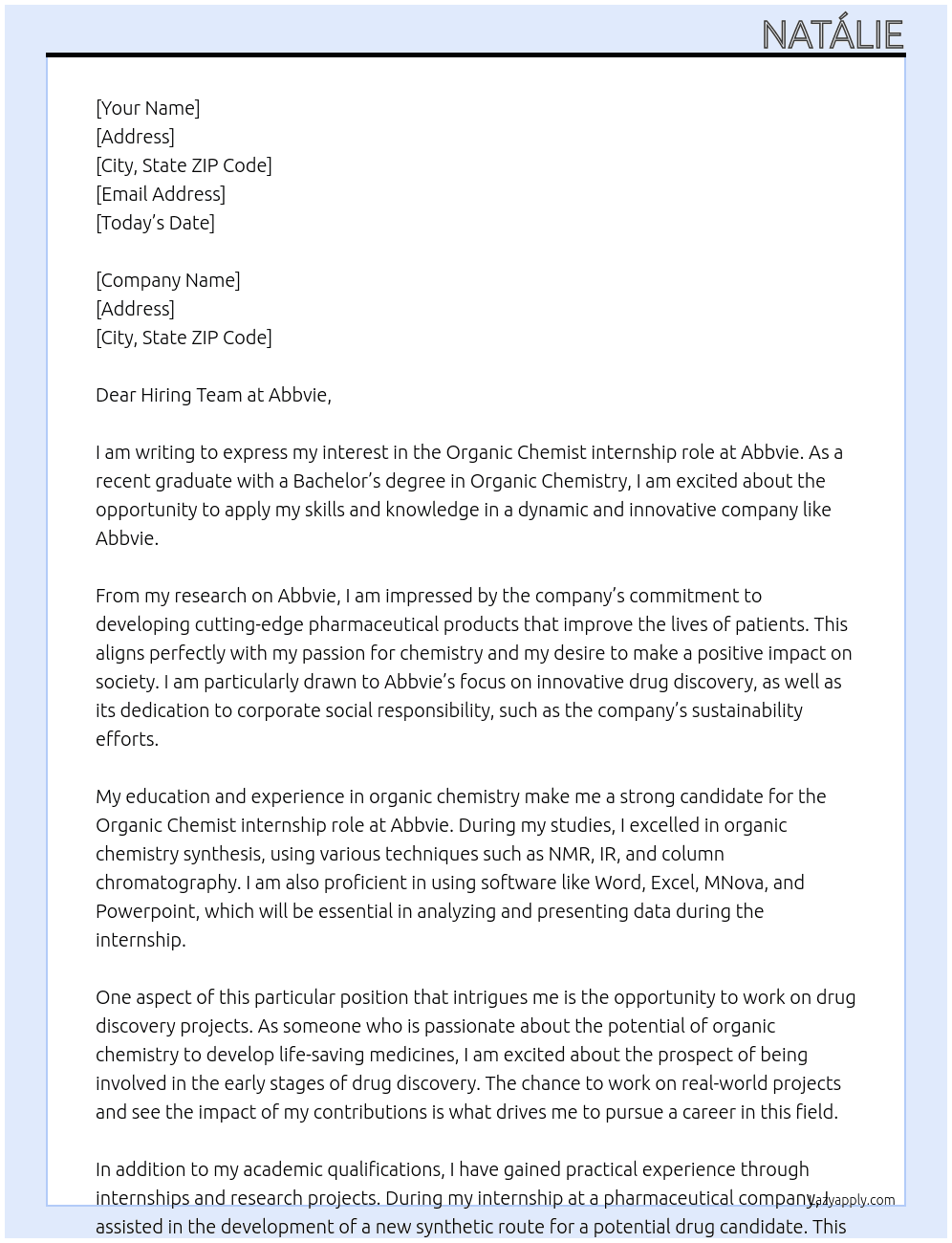 Organic chemist At Abbvie Cover Letter