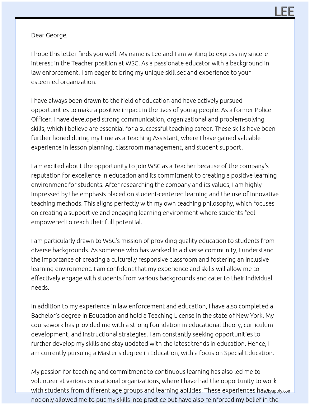 Teacher At WSC Cover Letter