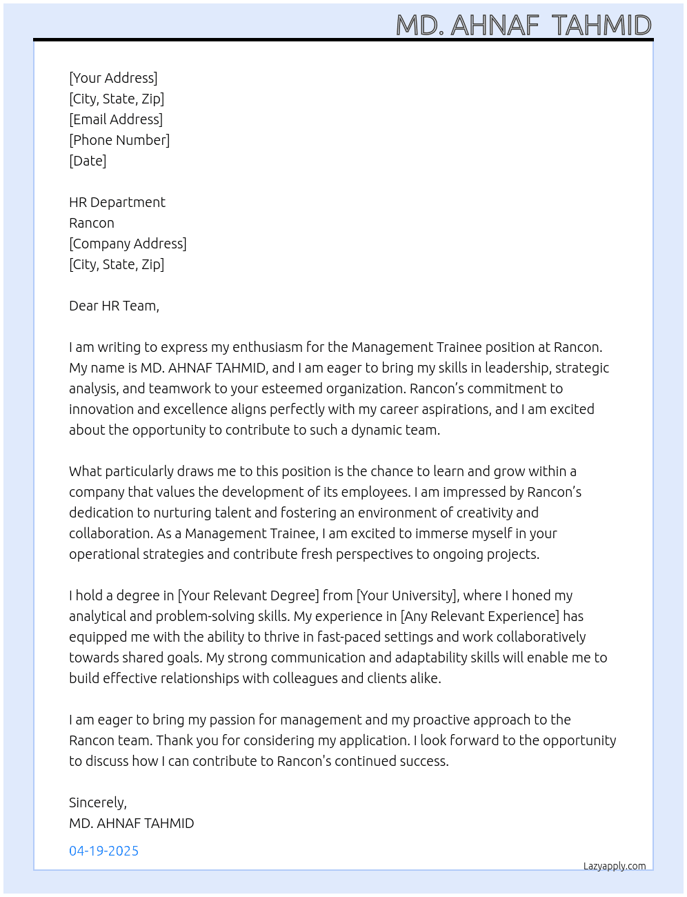Management Trainee At Rancon Cover Letter